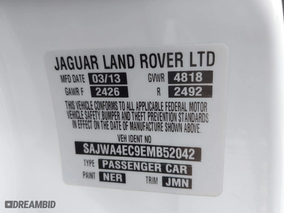 2014 Jaguar XK with VIN SAJWA4EC9EMB52042, listed as a IAAI auction lot 41635233 with 10,566 mi miles. Bid and sale history available at carsss.com. Image 9.
