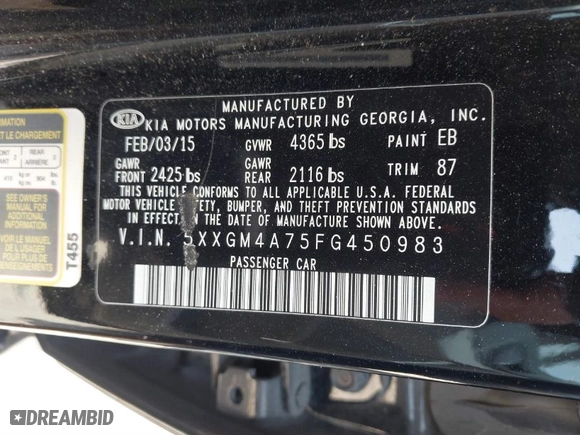 2015 Kia Optima LX with VIN 5XXGM4A75FG450983, listed as a IAAI auction lot 41837815 with 95,187 mi miles. Bid and sale history available at carsss.com. Image 9.
