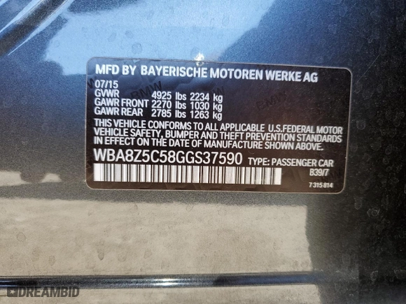 2016 BMW 3 Series Gran Turismo 328i xDrive with VIN WBA8Z5C58GGS37590, listed as a Copart auction lot 63806523 with 45,650 mi miles. Bid and sale history available at carsss.com. Image 12.