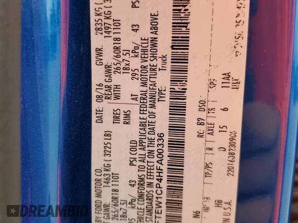 2017 Ford F-150 XL with VIN 1FTEW1CP4HFA00336, listed as a Copart auction lot 58044935 with 92,096 mi miles and Salvage title. Bid and sale history available at DreamBid. Image 12.