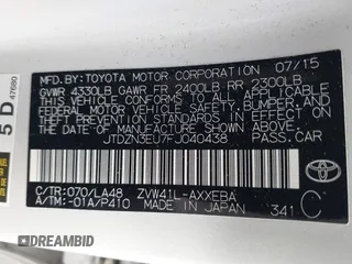 2015 Toyota Prius Two with VIN JTDZN3EU7FJ040438, listed as a IAAI auction lot 41641753 with 57,727 mi miles and . Bid and sale history available at DreamBid. Image 9.