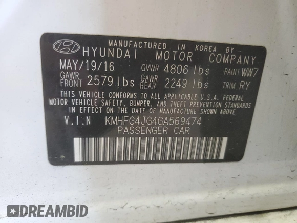 2016 Hyundai Azera with VIN KMHFG4JG4GA569474, listed as a Copart auction lot 59325755 with 103,219 mi miles and Clean title. Bid and sale history available at DreamBid. Image 12.