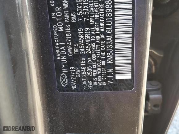 2020 Hyundai Tucson Sport with VIN KM8J33AL6LU189882, listed as a Copart auction lot 50678145 with 59,958 mi miles and Non Repairable. Bid and sale history available at carsss.com. Image 16.