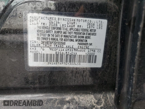2016 Nissan Sentra SR with VIN 3N1AB7AP7GY302648, listed as a Copart auction lot 52216255 with 63,713 mi miles and Salvage Title. Bid and sale history available at DreamBid. Image 14.