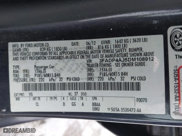 2013 Ford Fiesta S with VIN 3FADP4AJ5DM108912, listed as a IAAI auction lot 41303804 with 100,865 mi miles. Bid and sale history available at carsss.com. Image 9.
