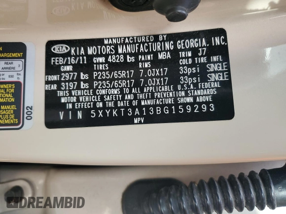 2011 Kia Sorento LX with VIN 5XYKT3A13BG159293, listed as a Copart auction lot 48415695 with 145,957 mi miles and Non Repairable. Bid and sale history available at carsss.com. Image 13.