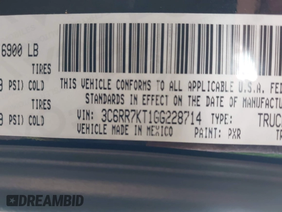 2016 Ram 1500 Express with VIN 3C6RR7KT1GG228714, listed as a IAAI auction lot 41909311 with 35,807 mi miles and . Bid and sale history available at DreamBid. Image 9.