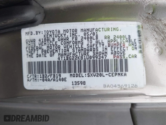 2001 Toyota Camry CE with VIN 4T1BG22K81U099347, listed as a IAAI auction lot 41920932 with 185,186 mi miles and . Bid and sale history available at DreamBid. Image 9.