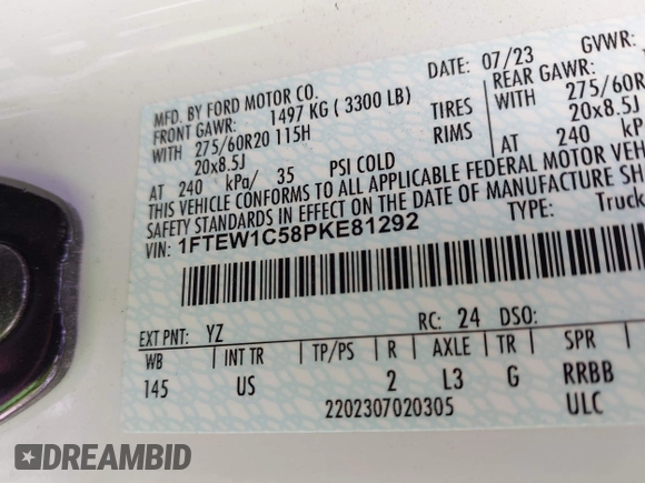 2023 Ford F-150 XL with VIN 1FTEW1C58PKE81292, listed as a IAAI auction lot 41900494 with 34,753 mi miles and . Bid and sale history available at DreamBid. Image 9.