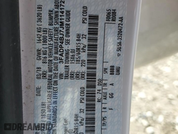 2018 Ford Fiesta SE z VIN 3FADP4BJ7JM114172, wystawiony jako Copart lot #54014805 z przebiegiem 66 828 mil mil oraz Szkoda całkowita • Salvage title. Historia ofert i sprzedaży dostępna na DreamBid. Obrazek 13.