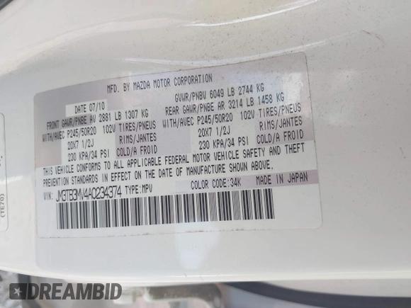 2010 Mazda CX-9 Grand Touring z VIN JM3TB3MV4A0234374, wystawiony jako IAAI lot #42411065 z przebiegiem 189 842 mil mil oraz . Historia ofert i sprzedaży dostępna na DreamBid. Obrazek 9.