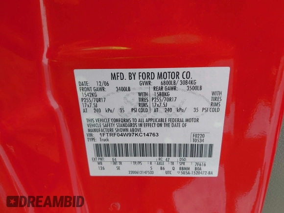 2007 Ford F-150 STX with VIN 1FTRF04W97KC14763, listed as a IAAI auction lot 42566587 with 120,200 mi miles and . Bid and sale history available at DreamBid. Image 9.