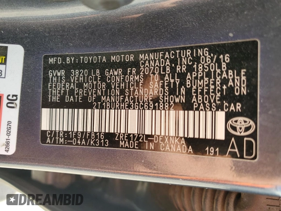 2016 Toyota Corolla L z VIN 2T1BURHE3GC691882, wystawiony jako Copart lot #58085815 z przebiegiem 72 234 mil mil oraz Szkoda całkowita • Salvage title. Historia ofert i sprzedaży dostępna na DreamBid. Obrazek 12.