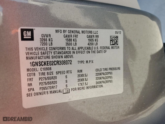 2012 Chevrolet Suburban LTZ with VIN 1GNSCKE02CR308072, listed as a Copart auction lot 80195954 with 190,360 mi miles and Salvage Title. Bid and sale history available at carsss.com. Image 14.