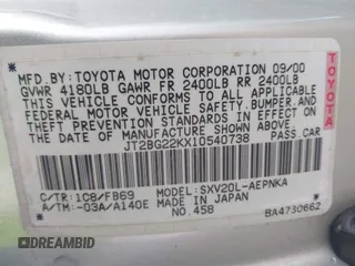 2001 Toyota Camry CE with VIN JT2BG22KX10540738, listed as a IAAI auction lot 41516912 with 116,733 mi miles. Bid and sale history available at carsss.com. Image 9.
