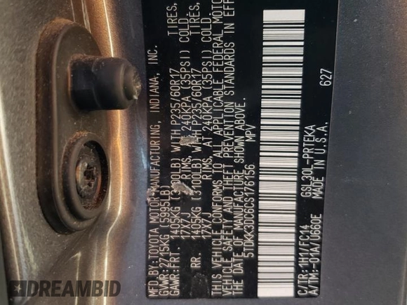 2012 Toyota Sienna LE AAS with VIN 5TDKK3DC6CS176156, listed as a Copart auction lot 45505975 with 86,791 mi miles and Salvage Title. Bid and sale history available at DreamBid. Image 13.