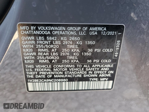 2022 Volkswagen Atlas SEL with VIN 1V2BE2CA9NC208960, listed as a Copart auction lot 88343895 with 46,842 mi miles and Salvage title. Bid and sale history available at DreamBid. Image 13.