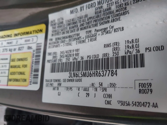 2017 Lincoln MKZ Hybrid Reserve with VIN 3LN6L5MU6HR637784, listed as a IAAI auction lot 41725406 with 111,023 mi miles and . Bid and sale history available at DreamBid. Image 9.