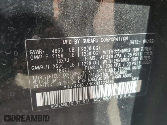 2024 Subaru Outback Limited with VIN 4S4BTANCXR3123885, listed as a Copart auction lot 62154465 with 22,922 mi miles and Non repairable. Bid and sale history available at DreamBid. Image 14.