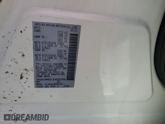 2014 Nissan Pathfinder SL with VIN 5N1AR2MN8EC640096, listed as a Copart auction lot 63631725 with Not provided miles and Salvage title. Bid and sale history available at DreamBid. Image 13.