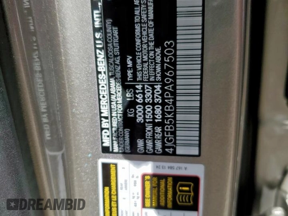 2023 Mercedes-Benz GLE 450 с VIN 4JGFB5KB4PA967503, выставлен на аукционе Copart как лот 57132525 с пробегом 11 911 миль миль и Списание • Salvage title. История ставок и продаж доступна на DreamBid. Изображение 12.