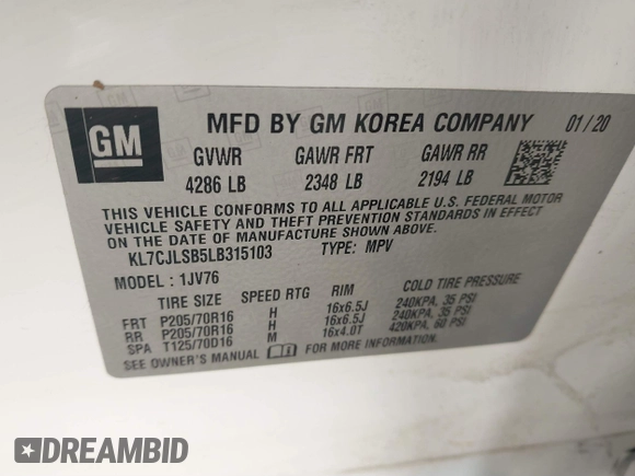 2020 Chevrolet Trax LT with VIN KL7CJLSB5LB315103, listed as a IAAI auction lot 41884353 with 87,095 mi miles and . Bid and sale history available at DreamBid. Image 9.