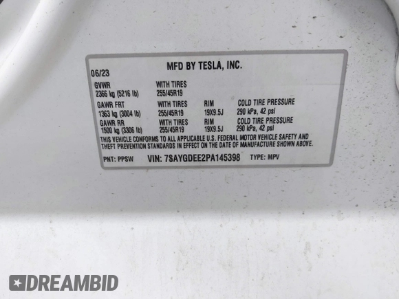2023 Tesla Model Y Long Range with VIN 7SAYGDEE2PA145398, listed as a IAAI auction lot 41546573 with 20,812 mi miles and . Bid and sale history available at carsss.com. Image 9.