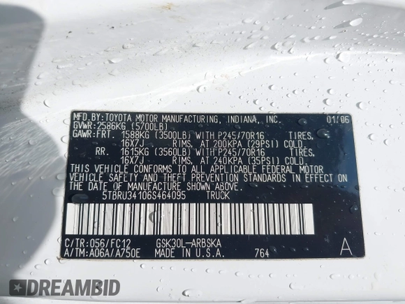 2006 Toyota Tundra SR5 with VIN 5TBRU34106S464095, listed as a IAAI auction lot 42004981 with 362,683 mi miles. Bid and sale history available at carsss.com. Image 9.
