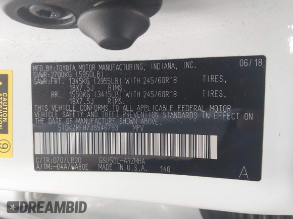 2018 Toyota Highlander SE with VIN 5TDKZRFH7JS546793, listed as a IAAI auction lot 42156937 with 59,181 mi miles and . Bid and sale history available at DreamBid. Image 9.