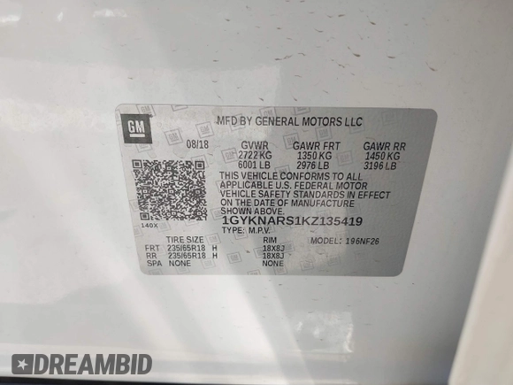 2019 Cadillac XT5 FWD with VIN 1GYKNARS1KZ135419, listed as a IAAI auction lot 41860022 with 63,395 mi miles and . Bid and sale history available at DreamBid. Image 9.