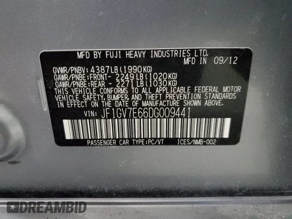 2013 Subaru WRX WRX with VIN JF1GV7E66DG009441, listed as a Copart auction lot 45463275 with 138,621 mi miles and Clean title. Bid and sale history available at DreamBid. Image 12.