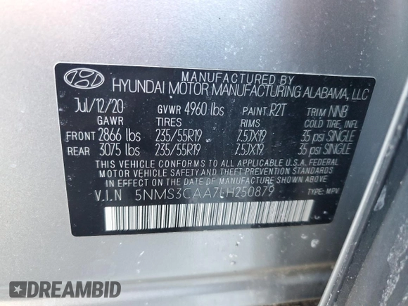 2020 Hyundai Santa Fe SEL with VIN 5NMS3CAA7LH250879, listed as a Copart auction lot 42988695 with 85,603 mi miles and Salvage Title. Bid and sale history available at carsss.com. Image 16.