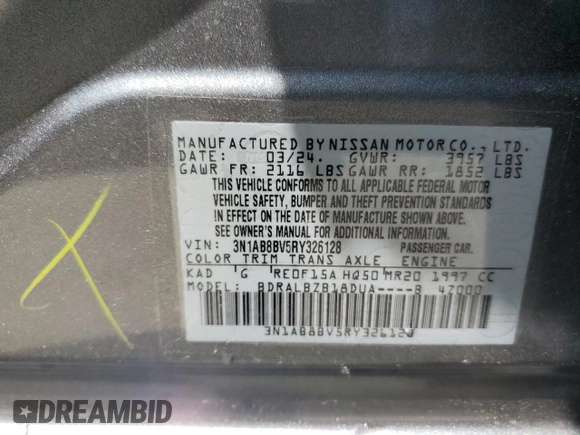 2024 Nissan Sentra S with VIN 3N1AB8BV5RY326128, listed as a Copart auction lot 59877504 with 3,937 mi miles and Non Repairable. Bid and sale history available at carsss.com. Image 12.