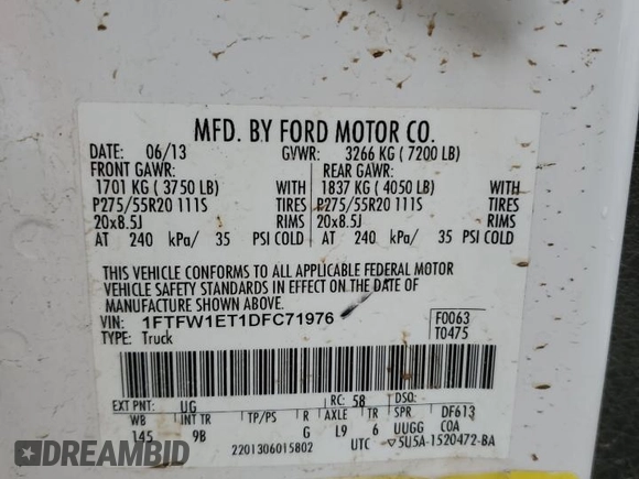 2013 Ford F-150 XL с VIN 1FTFW1ET1DFC71976, выставлен на аукционе Copart как лот 54771005 с пробегом Не указан миль и Списание • Salvage title. История ставок и продаж доступна на DreamBid. Изображение 13.