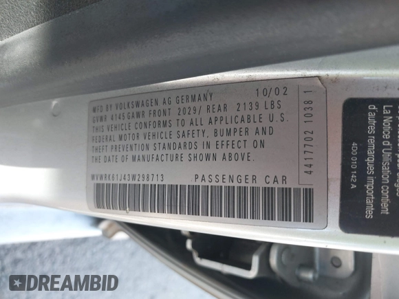 2003 Volkswagen Jetta with VIN WVWRK61J43W298713, listed as a IAAI auction lot 41604067 with 295,724 mi miles and . Bid and sale history available at DreamBid. Image 9.