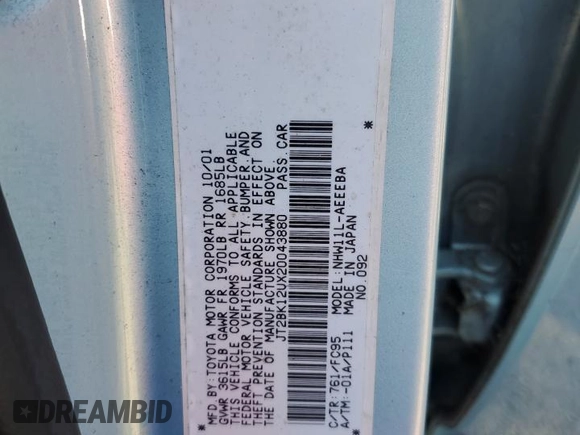2002 Toyota Prius with VIN JT2BK12UX20043880, listed as a Copart auction lot 82646144 with 87,814 mi miles and Salvage Title. Bid and sale history available at carsss.com. Image 12.