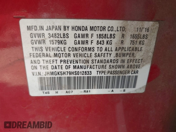2017 Honda Fit EX with VIN JHMGK5H79HS012833, listed as a IAAI auction lot 42732250 with 133,684 mi miles and . Bid and sale history available at DreamBid. Image 9.