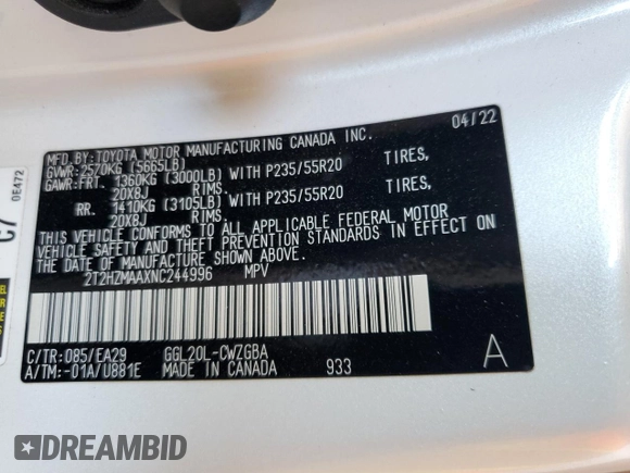 2022 Lexus RX 350 with VIN 2T2HZMAAXNC244996, listed as a Copart auction lot 61692215 with 84,540 mi miles and Salvage title. Bid and sale history available at DreamBid. Image 13.