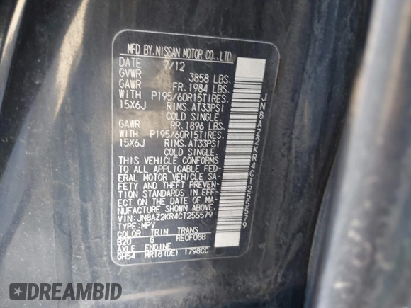 2012 Nissan Cube 1.8 S with VIN JN8AZ2KR4CT255579, listed as a IAAI auction lot 41617628 with 154,553 mi miles. Bid and sale history available at carsss.com. Image 9.