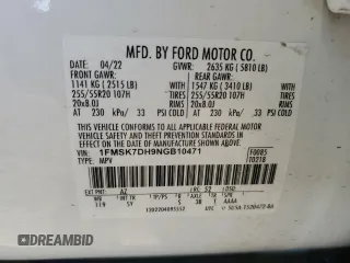 2022 Ford Explorer XLT z VIN 1FMSK7DH9NGB10471, wystawiony jako Copart lot #53174495 z przebiegiem 62 667 mil mil oraz Szkoda całkowita • Salvage title. Historia ofert i sprzedaży dostępna na DreamBid. Obrazek 13.