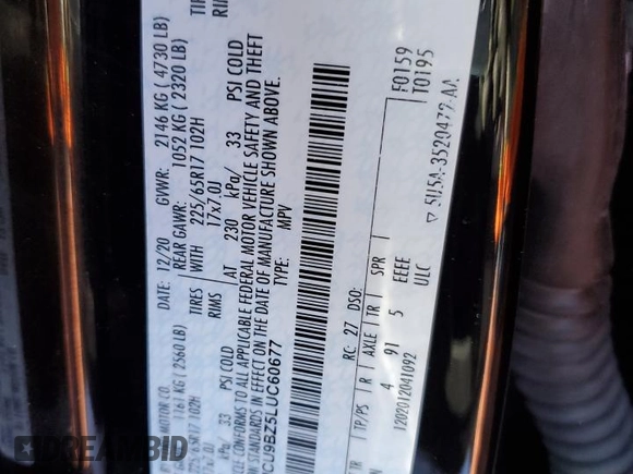 2020 Ford Escape SE Sport Hybrid with VIN 1FMCU9BZ5LUC60677, listed as a Copart auction lot 45990505 with 60,817 mi miles and Salvage Title. Bid and sale history available at DreamBid. Image 14.