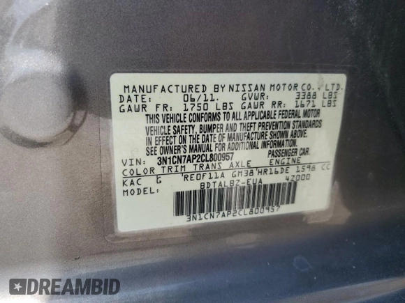 2012 Nissan Versa SV with VIN 3N1CN7AP2CL800957, listed as a Copart auction lot 62297745 with 60,667 mi miles and Clean title. Bid and sale history available at DreamBid. Image 13.