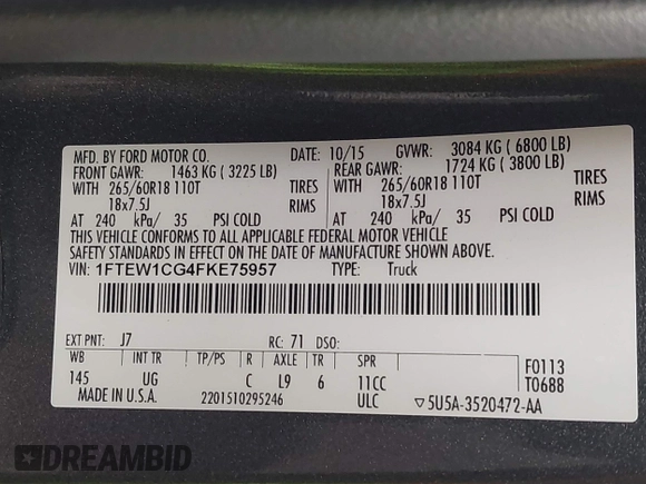 2015 Ford F-150 XL with VIN 1FTEW1CG4FKE75957, listed as a IAAI auction lot 41722268 with 109,496 mi miles. Bid and sale history available at carsss.com. Image 9.