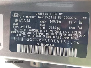 2014 Kia Optima SXL Turbo with VIN 5XXGR4A60EG351334, listed as a IAAI auction lot 41513606 with 174,382 mi miles and . Bid and sale history available at DreamBid. Image 9.