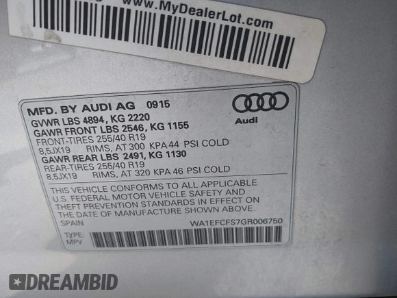 2016 Audi Q3 Premium Plus with VIN WA1EFCFS7GR006750, listed as a IAAI auction lot 42802175 with 96,248 mi miles and . Bid and sale history available at DreamBid. Image 9.