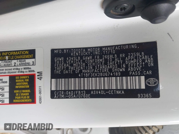 2011 Toyota Camry LE with VIN 4T1BF3EK2BU674189, listed as a IAAI auction lot 41807932 with 185,859 mi miles. Bid and sale history available at carsss.com. Image 9.