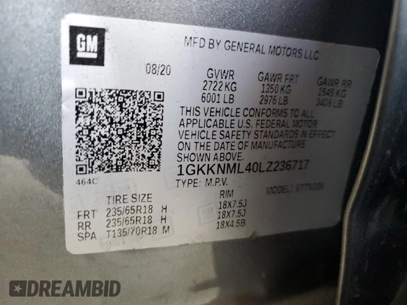 2020 GMC Acadia SLT with VIN 1GKKNML40LZ236717, listed as a Copart auction lot 82780574 with 37,283 mi miles and Salvage Title. Bid and sale history available at DreamBid. Image 15.