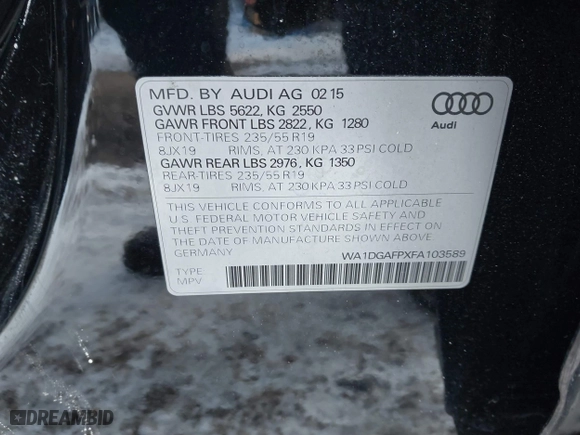 2015 Audi Q5 Premium Plus with VIN WA1DGAFPXFA103589, listed as a IAAI auction lot 41351837 with 144,979 mi miles. Bid and sale history available at carsss.com. Image 9.