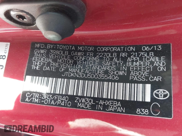 2013 Toyota Prius One with VIN JTDKN3DU5D0355406, listed as a IAAI auction lot 42091467 with 136,356 mi miles. Bid and sale history available at carsss.com. Image 9.