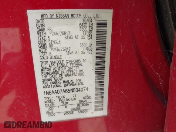 2005 Nissan Titan LE z VIN 1N6AA07A65N504074, wystawiony jako IAAI lot #42667004 z przebiegiem 230 687 mil mil oraz . Historia ofert i sprzedaży dostępna na DreamBid. Obrazek 9.
